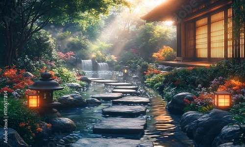 Stone path leading to a Japanese house with a stream, waterfall, and lanterns.
