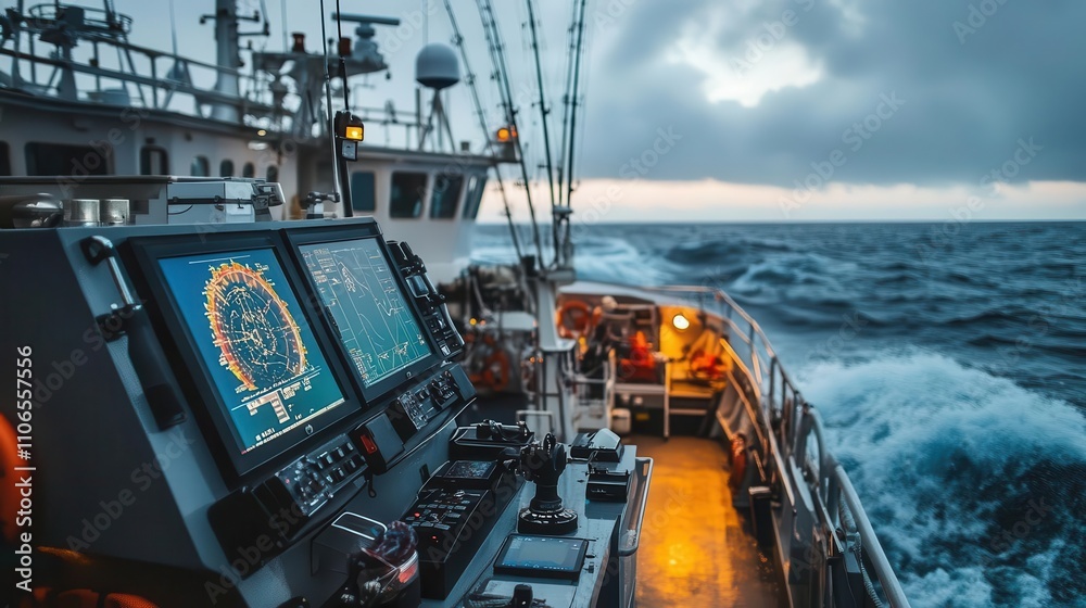 Fototapeta premium Industrial fishing boat equipped with radar and navigation systems, dynamic ocean waves