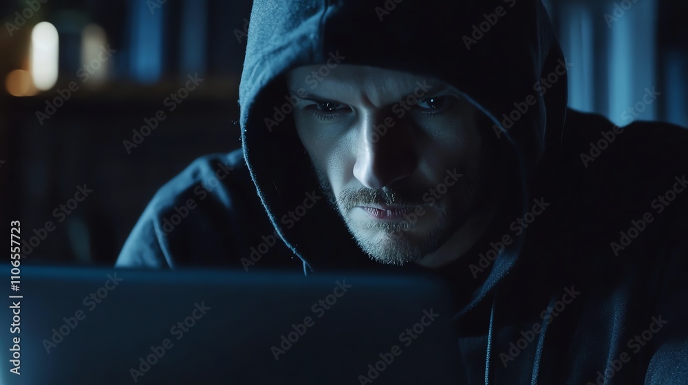 A hooded figure in a dark room uses a laptop computer, in front of a blurry background of warm lights. A hooded figure in a dark room uses a laptop computer, in front of a blurry background of warm lights.