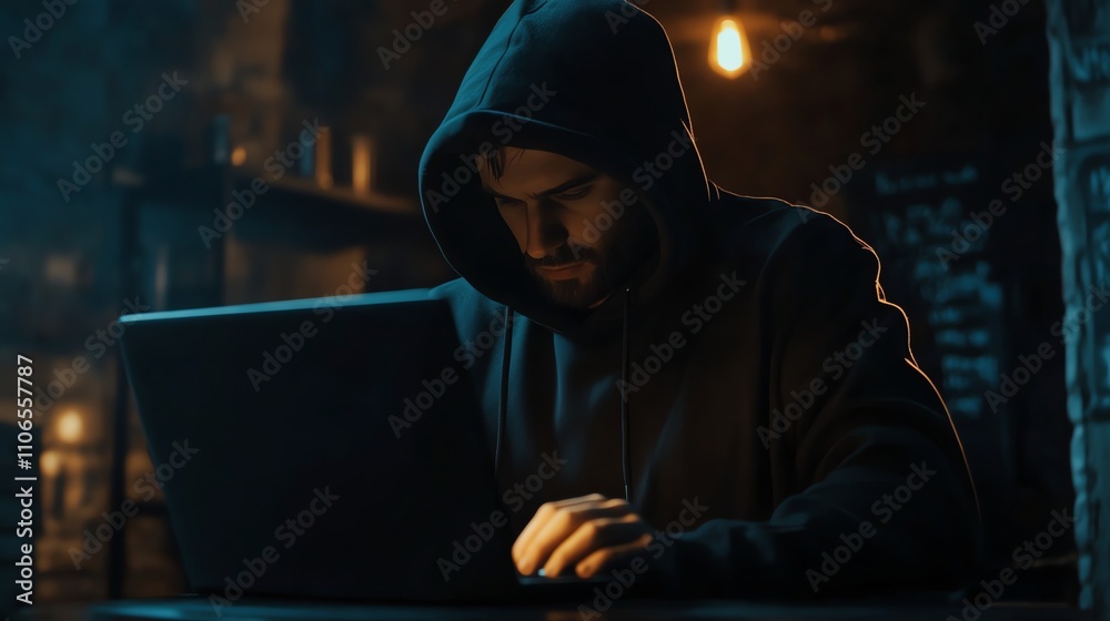 A hooded figure works on a laptop computer at night in a dimly lit room. A hooded figure works on a laptop computer at night in a dimly lit room.
