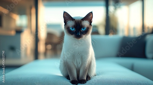 Elegant Siamese cat sitting gracefully on a stylish modern sofa its piercing blue eyes capturing the viewer s attention photo