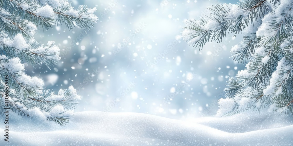 Serene Winter Wonderland with Snow-Covered Pine Branches and Soft Bokeh Lights Serene Winter Wonderland with Snow-Covered Pine Branches and Soft Bokeh Lights