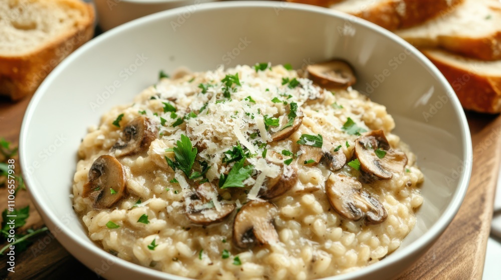 A bowl of creamy mushroom risotto garnished with Parmesan cheese and fresh parsley, Mushroom risotto bowl centered, Soft diffused lighting accentuating its rich flavor A bowl of creamy mushroom risotto garnished with Parmesan cheese and fresh parsley, Mushroom risotto bowl centered, Soft diffused lighting accentuating its rich flavor