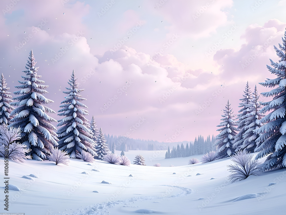 Fototapeta premium Serene winter landscape with snow covered pines and gentle sky at dusk, digital art of nature concept.