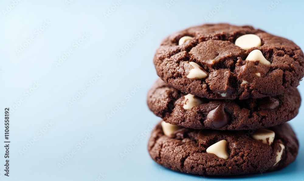 Three chocolate chip cookies stacked on top of each other Three chocolate chip cookies stacked on top of each other