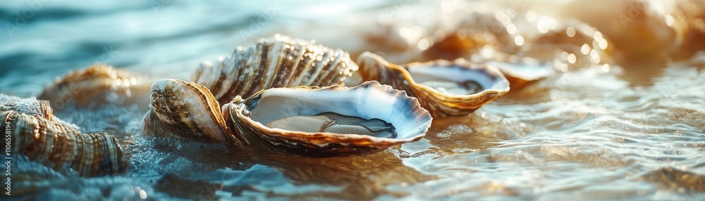 Mariculture setup with oysters and mussels in shallow coastal waters, serene environment, bright natural tones Mariculture setup with oysters and mussels in shallow coastal waters, serene environment, bright natural tones