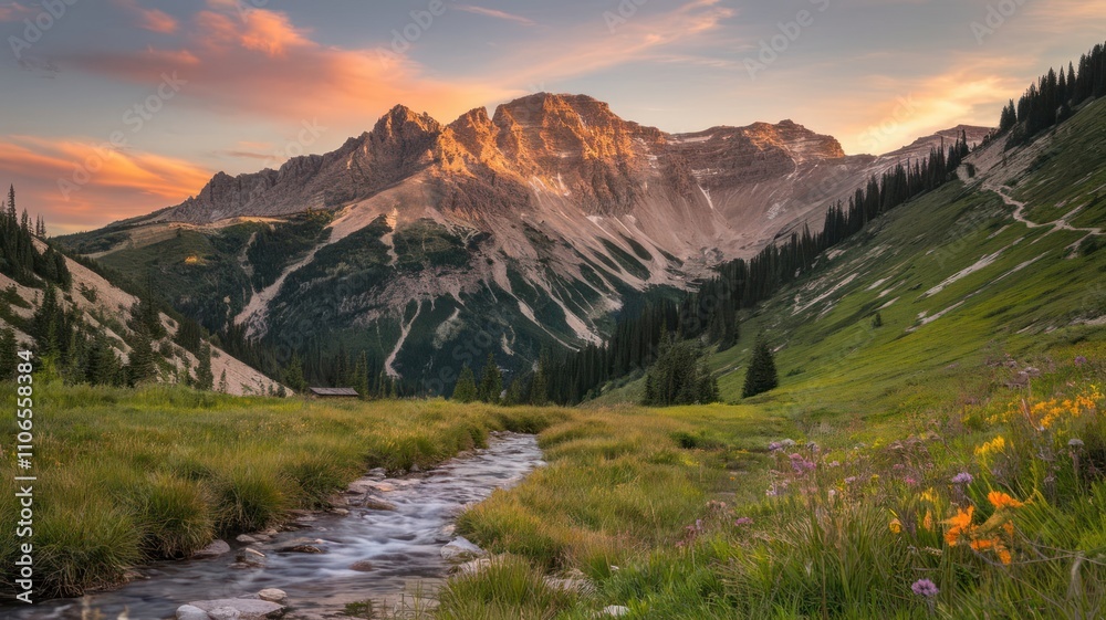 Fototapeta premium Mountain landscape with warm sunset colors and a stream in the valley