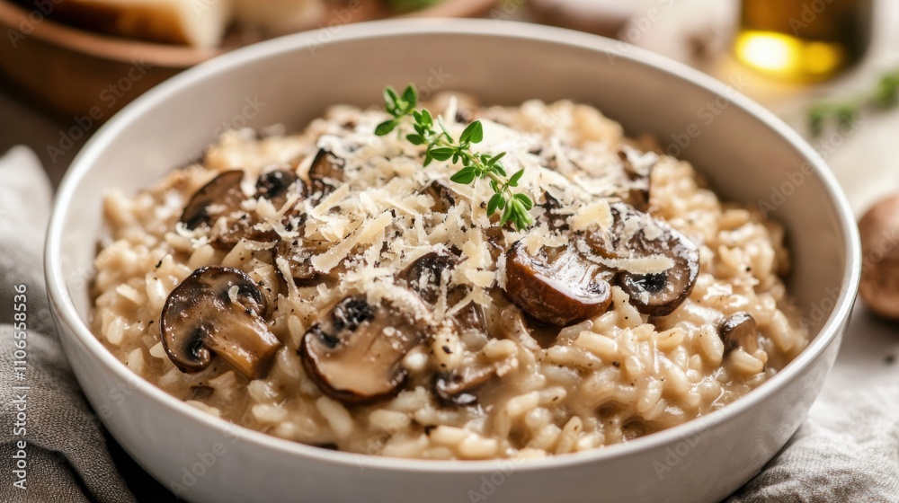 A bowl of creamy mushroom risotto garnished with truffle oil and freshly grated Parmesan cheese, Risotto bowl centered, Soft diffused lighting accentuating its rich aroma A bowl of creamy mushroom risotto garnished with truffle oil and freshly grated Parmesan cheese, Risotto bowl centered, Soft diffused lighting accentuating its rich aroma