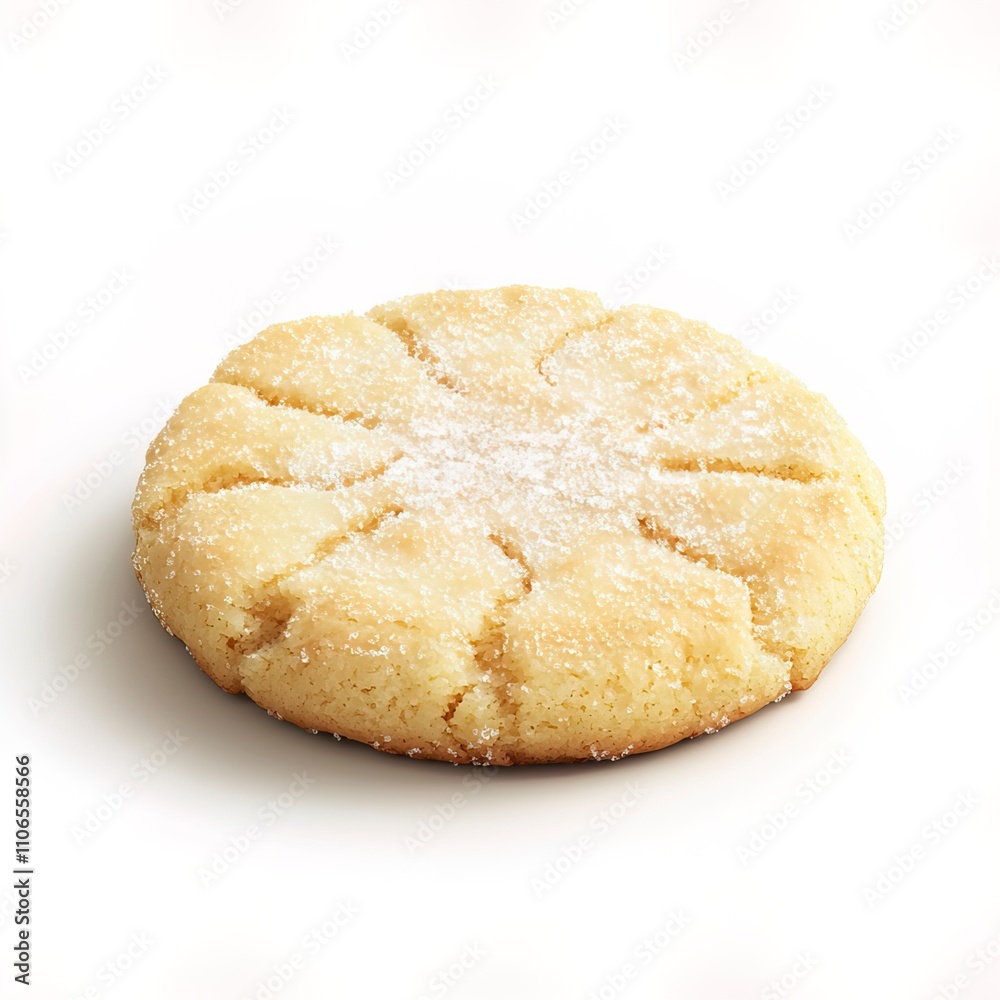 A classic shortbread cookie with sugar dusting, traditional dessert, photo-realistic style, light beige tones, isolated on white background.  