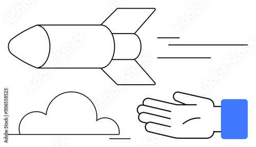 Hand gesturing toward flying rocket above cloud symbolizes speed, ambition, and innovation. Ideal for themes on progress, technology, leadership, future, dreams success. Line metaphor