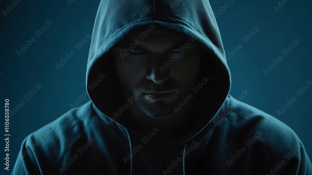 A man with a serious expression looks intensely at the camera, his face hidden in shadow, with a hooded sweatshirt. A man with a serious expression looks intensely at the camera, his face hidden in shadow, with a hooded sweatshirt.