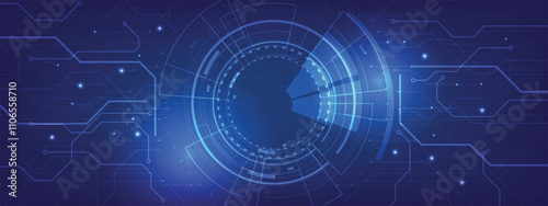 Abstract digital circuit board on a dark blue background.Connected circuit board lines with hi-tech electronics elements.Futuristic vector illustration.
