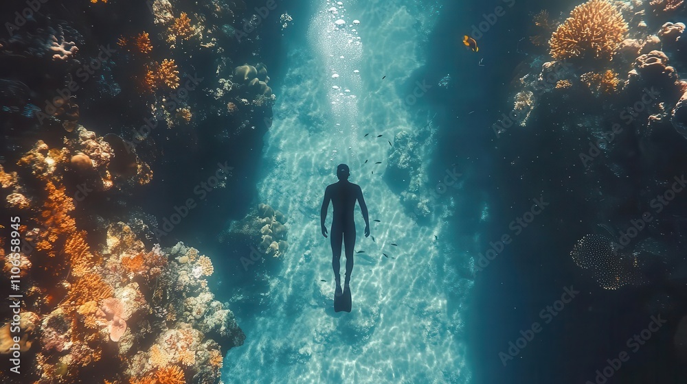 Spearfisher diving near coral reefs, surrounded by marine life, clear turquoise water, underwater perspective Spearfisher diving near coral reefs, surrounded by marine life, clear turquoise water, underwater perspective