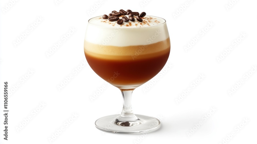 A glass of coffee with a brownish color and a white rim. The coffee is topped with chocolate and coffee beans A glass of coffee with a brownish color and a white rim. The coffee is topped with chocolate and coffee beans