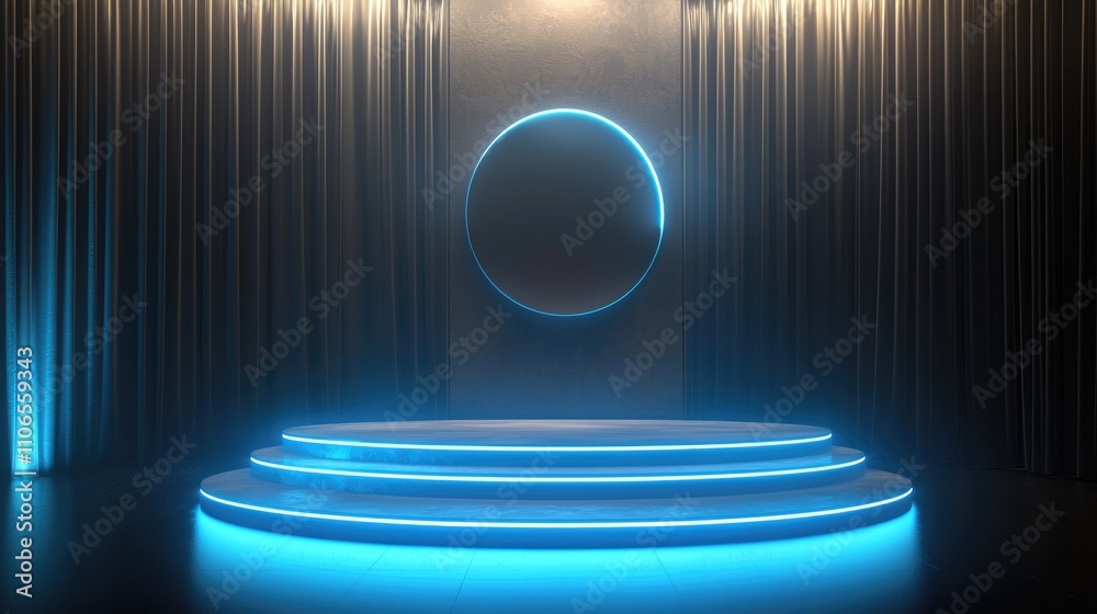 Obraz premium Illuminated Stage With Circular Neon Backdrop And Curtains