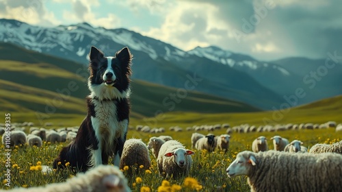 Intelligent and Agile Border Collie Herding a Flock of Sheep in a Serene Green Meadow Demonstrating the Breed s Exceptional Herding Capabilities in a Picturesque Countryside Scene photo