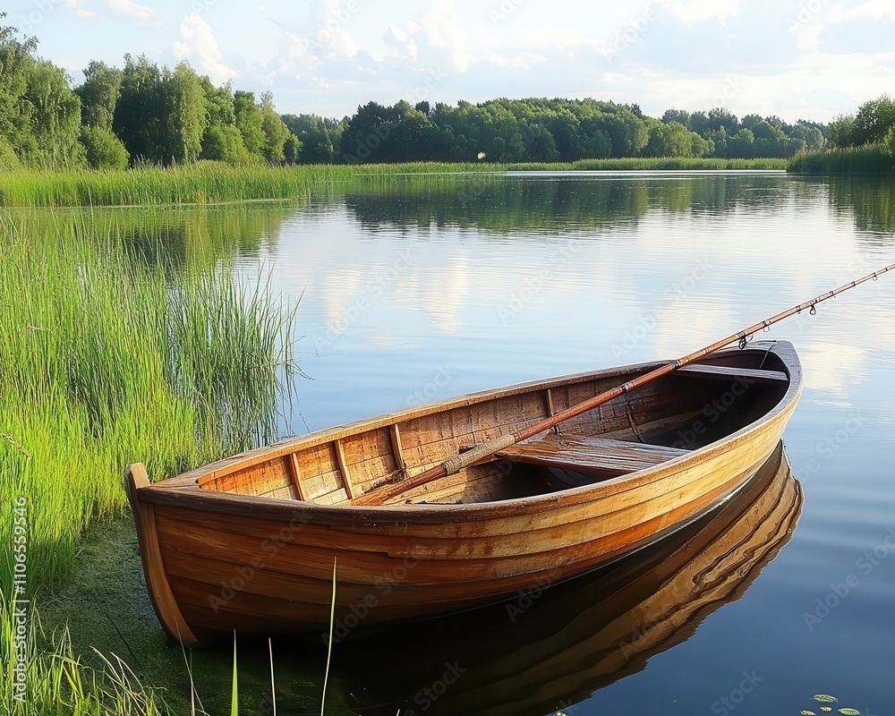 Obraz premium Trap fishing in a quiet inland lake, small wooden boat visible nearby, tranquil tones