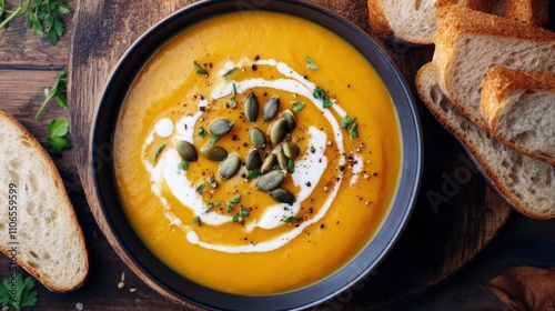 A bowl of creamy pumpkin soup garnished with toasted pumpkin seeds and a drizzle of olive oil, Pumpkin soup bowl centered, Soft diffused lighting accentuating its rich color