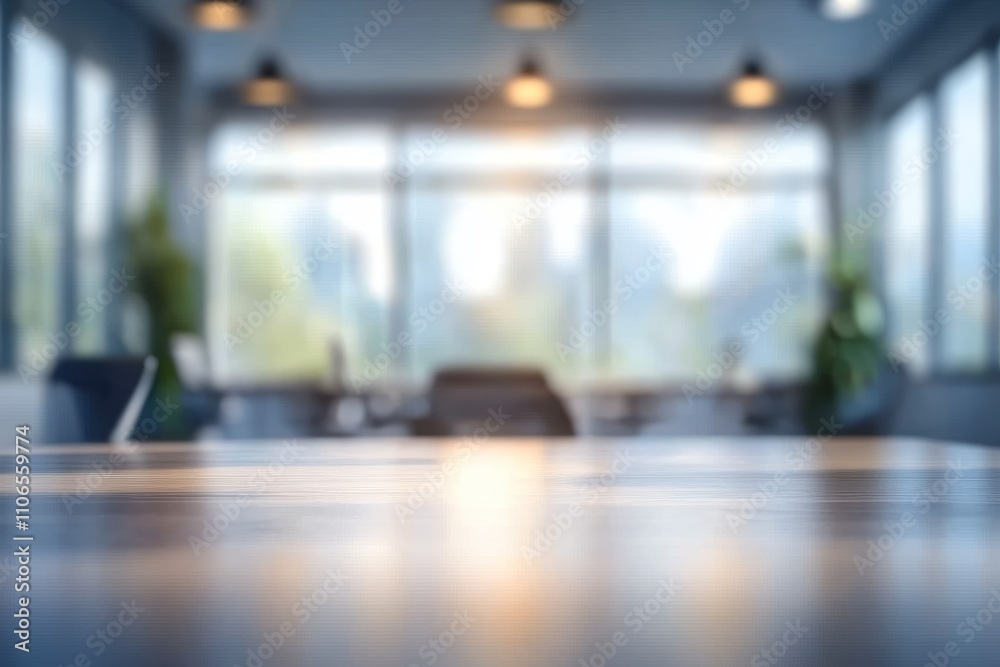 Fototapeta premium Modern Office Interior with Large Windows and Bright Lighting in Blurred Background