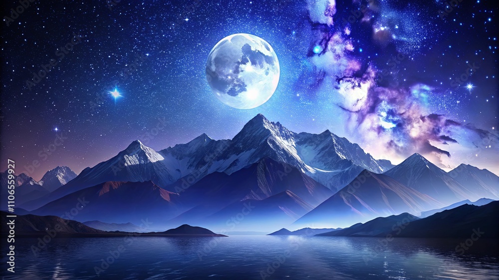 Serene Night Majestic Mountains, Full Moon, and Starry Sky Above Tranquil Waters Serene Night Majestic Mountains, Full Moon, and Starry Sky Above Tranquil Waters