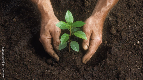 Planting young tree in rich soil, hands nurturing environment. This act symbolizes hope and commitment to greener future photo