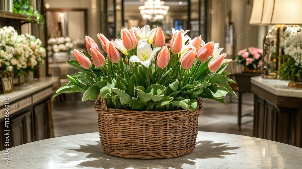 Fototapeta premium Beautiful Basket of Pink and White Tulips in Elegant Interior Space