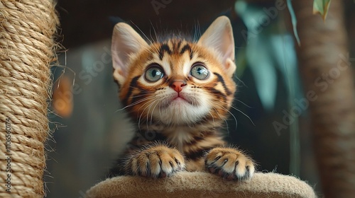 Playful and curious Bengal kitten climbing a stylish cat tree in a cozy modern interior setting  The kitten s expression is full of energy and mischief as it explores its environment photo