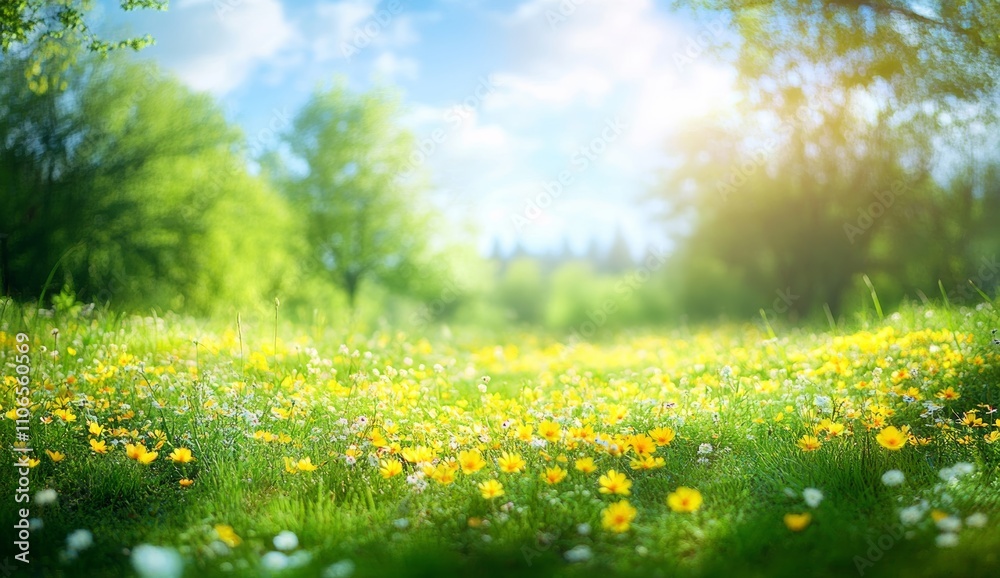 Fototapeta premium Lush Green Meadow with Yellow and White Flowers Under Bright Blue Sky and Soft Sunlight in Dreamy Natural Landscape