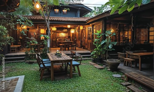 A cozy outdoor courtyard with wooden furniture, plants, and warm lighting for relaxation.