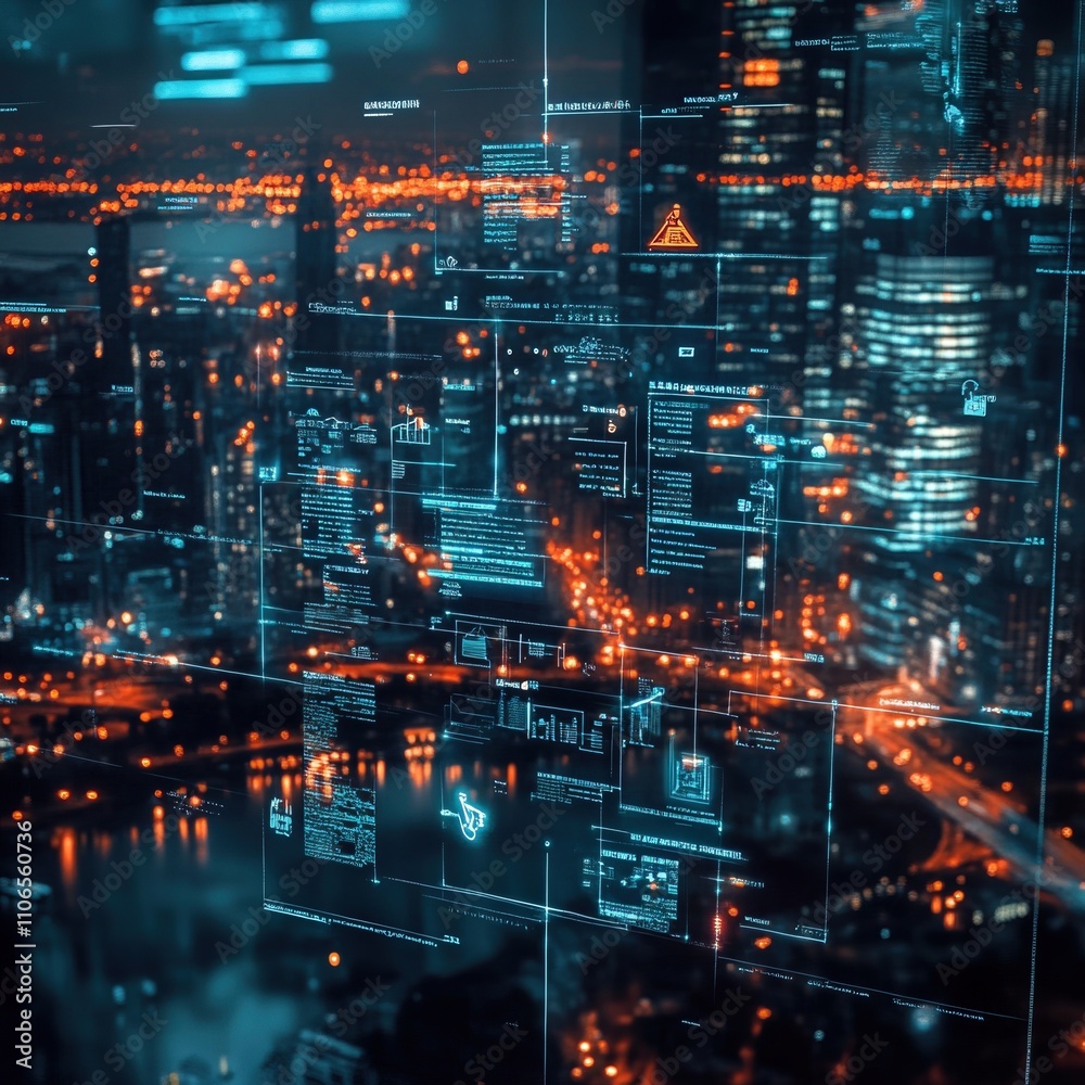 Fototapeta premium Digital interface displays data visualizations over a city skyline at night