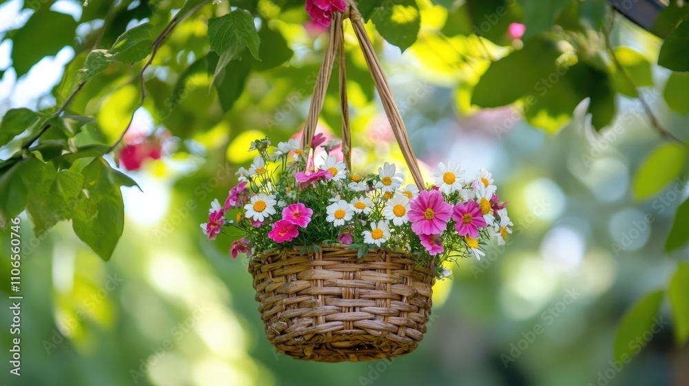 Colorful Flower Basket Hanging in Lush Green Garden Setting Colorful Flower Basket Hanging in Lush Green Garden Setting