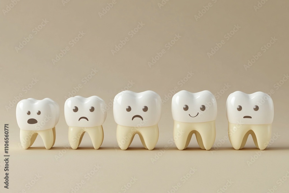 Fototapeta premium Stages of tooth eruption displayed through expressive cartoon teeth illustrating various emotions and development phases