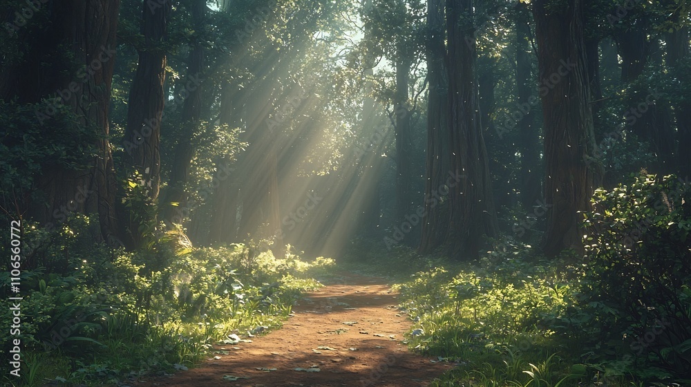 Obraz premium Serene and Tranquil Forest Trail Winding Through a Lush Verdant Landscape with Sunlight Filtering Through the Canopy above Creating a Peaceful and Inviting Atmosphere