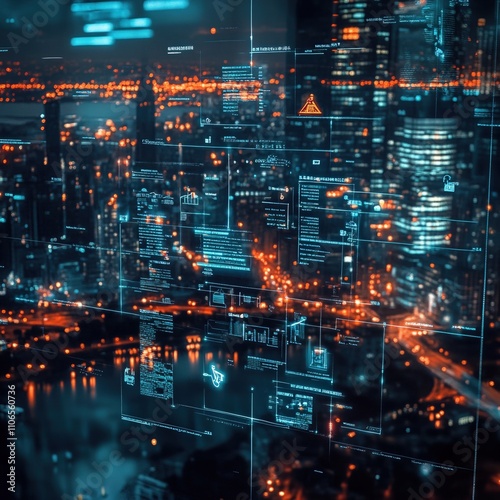 Digital interface displays data visualizations over a city skyline at night