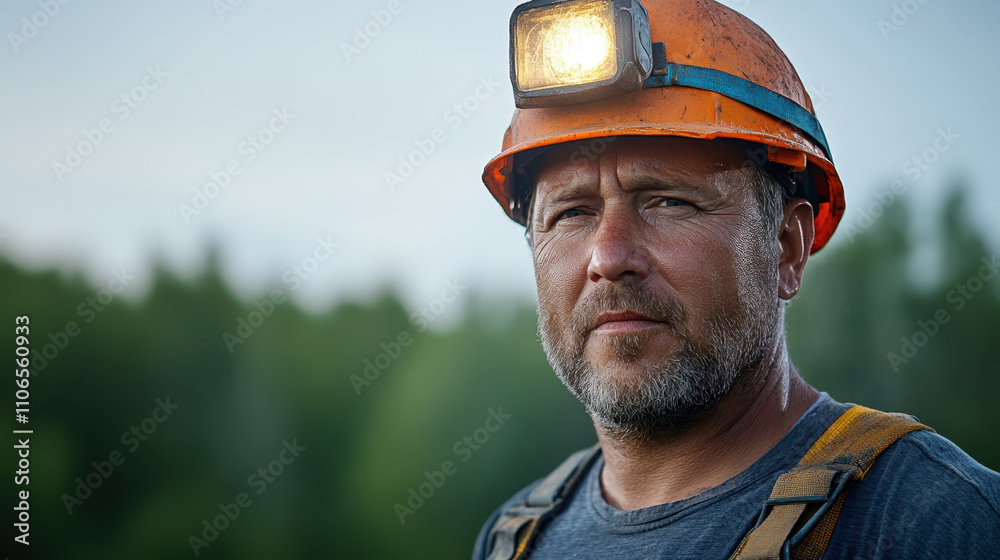 miner wearing helmet with lamp stands confidently in forested area miner wearing helmet with lamp stands confidently in forested area