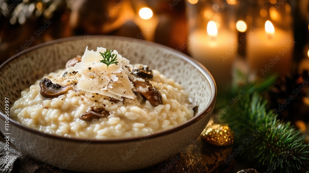 A bowl of creamy risotto with porcini mushrooms and truffle oil, Risotto in bowl, Soft candlelight creating an elegant ambiance