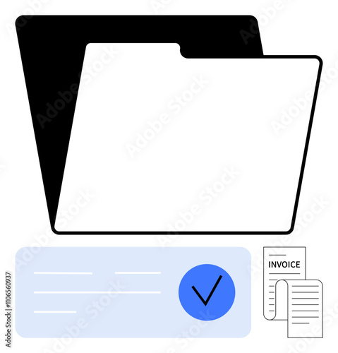 Documents inside black and white folder with blue checkmark and invoice symbol. Ideal for finance, organization, record-keeping, invoicing, business, office administration, and data management