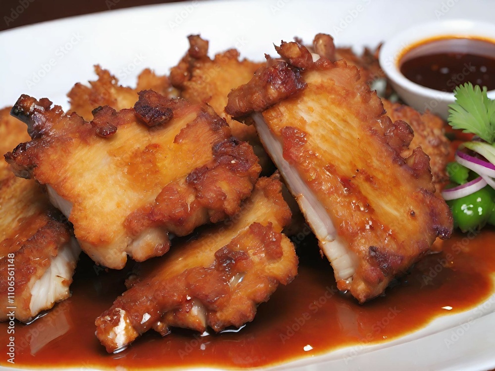 close up view of tasty asian food, fried crispy pork close up view of tasty asian food, fried crispy pork