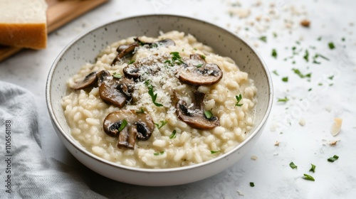 A bowl of creamy risotto with sautéed mushrooms and Parmesan cheese, Minimalist kitchen counter setting, Bowl centered photo