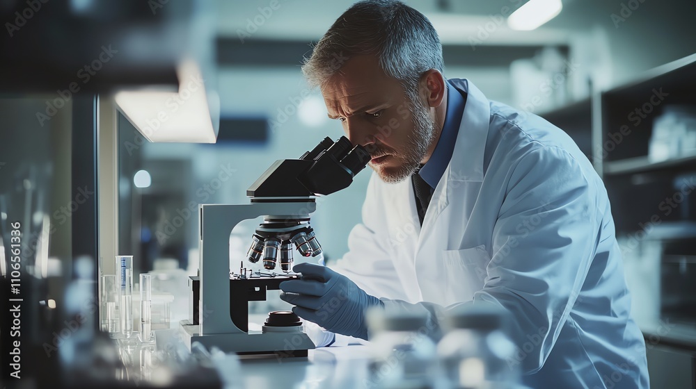 A male scientist in a lab coat examines a slide under a microscope. A male scientist in a lab coat examines a slide under a microscope.