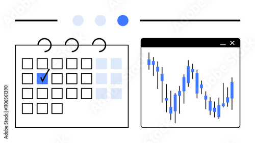 Calendar with a highlighted date beside a stock market chart showing fluctuating values. Ideal for business planning, financial analysis, scheduling, investment tracking, market trends, time