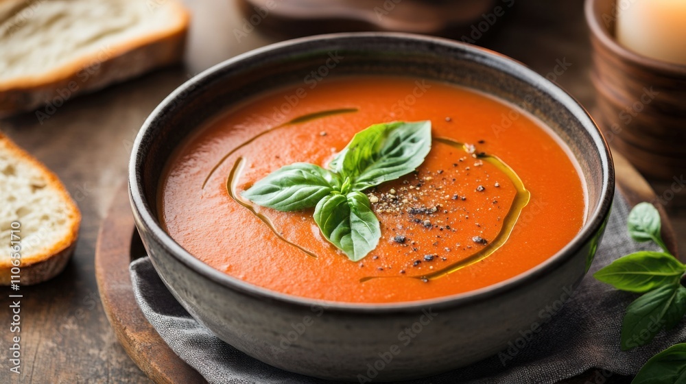 A bowl of creamy tomato basil soup garnished with a drizzle of olive oil and fresh basil leaves, Tomato basil soup bowl centered, Soft diffused lighting accentuating its rich aroma A bowl of creamy tomato basil soup garnished with a drizzle of olive oil and fresh basil leaves, Tomato basil soup bowl centered, Soft diffused lighting accentuating its rich aroma