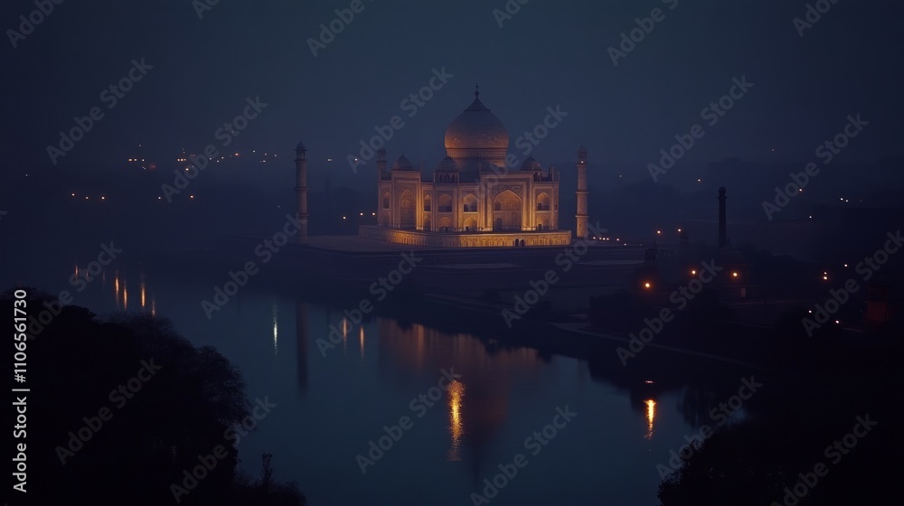 Illuminated Taj Mahal at night, reflected in calm water, with a hazy atmosphere. Illuminated Taj Mahal at night, reflected in calm water, with a hazy atmosphere.