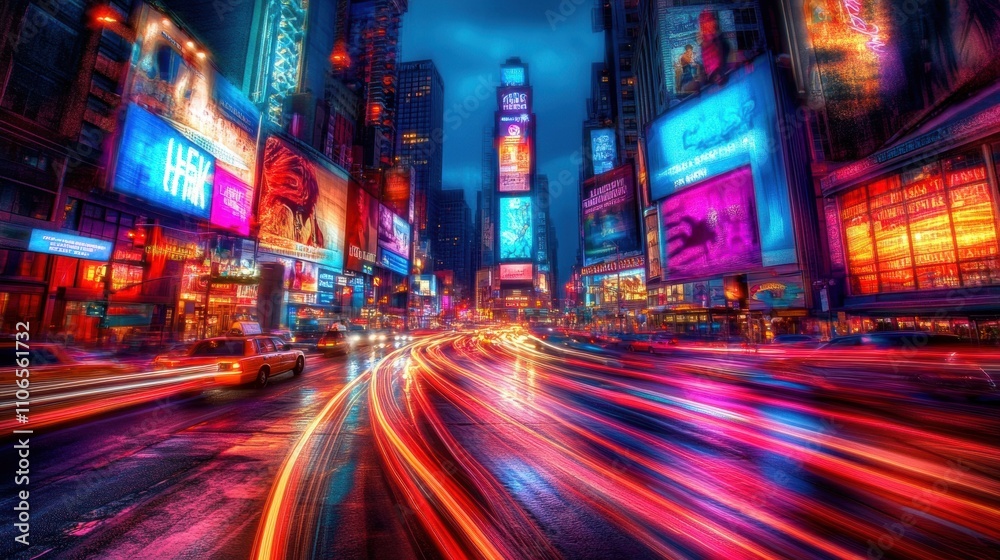 City intersection at night, with bright headlights and taillights creating glowing trails through long exposure. The surrounding buildings are adorned with neon lights and digital billboards. City intersection at night, with bright headlights and taillights creating glowing trails through long exposure. The surrounding buildings are adorned with neon lights and digital billboards.