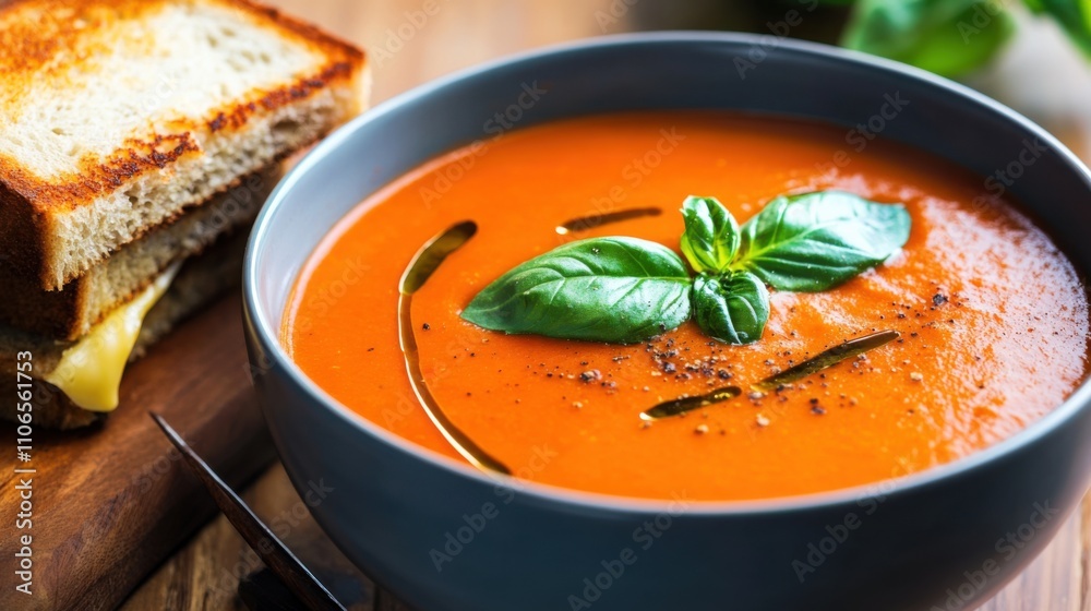 A bowl of creamy tomato basil soup garnished with fresh basil leaves, Soup in bowl, Soft diffused lighting enhancing the vibrant red color A bowl of creamy tomato basil soup garnished with fresh basil leaves, Soup in bowl, Soft diffused lighting enhancing the vibrant red color