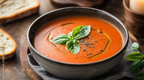 A bowl of creamy tomato basil soup garnished with a drizzle of olive oil and fresh basil leaves, Tomato basil soup bowl centered, Soft diffused lighting accentuating its rich aroma