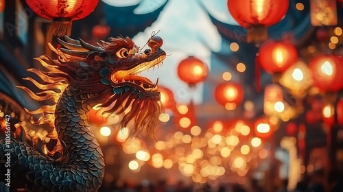 Vibrant and Lively Chinese New Year with Glowing Red Lanterns Dragon Dances and Spectacular Fireworks Display Illuminating the Night Sky