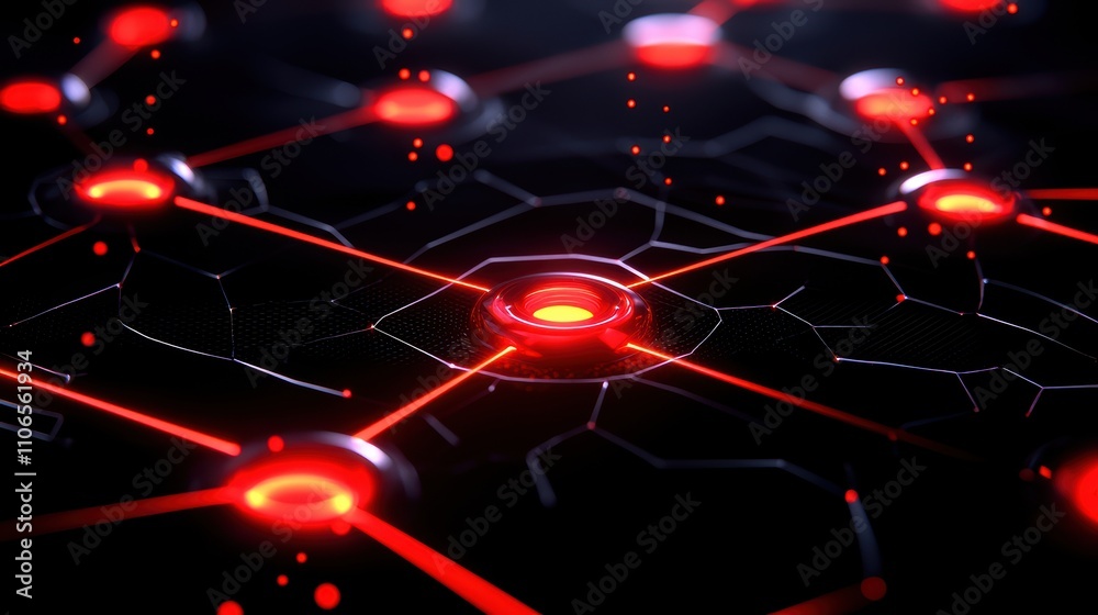 A futuristic digital network with glowing red nodes connected by intricate lines on a dark background. A futuristic digital network with glowing red nodes connected by intricate lines on a dark background.