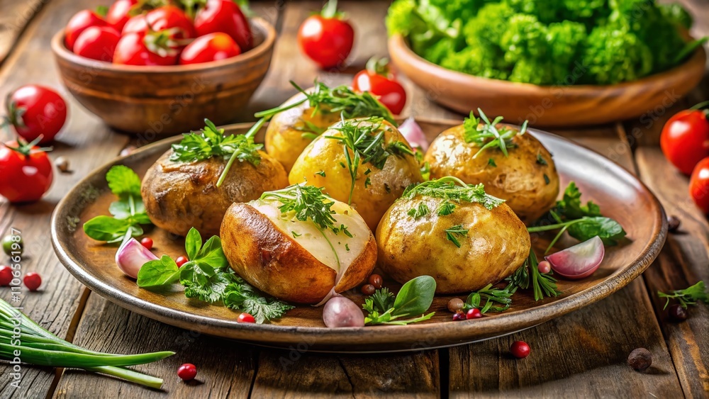 Baked Potatoes Served on a Plate with Fresh Greens, Showcasing a Delicious and Healthy Meal Idea for Lunch or Dinner with Vegetables and Cooking Inspiration Baked Potatoes Served on a Plate with Fresh Greens, Showcasing a Delicious and Healthy Meal Idea for Lunch or Dinner with Vegetables and Cooking Inspiration