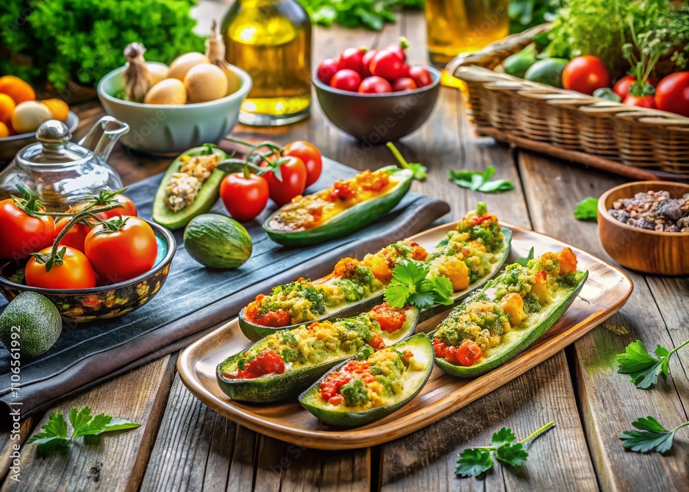 Baked Stuffed Zucchini Boats on a Rustic Dining Table Surrounded by Fresh Ingredients and Herbs, Perfect for a Healthy Meal or Dinner Party Setting Baked Stuffed Zucchini Boats on a Rustic Dining Table Surrounded by Fresh Ingredients and Herbs, Perfect for a Healthy Meal or Dinner Party Setting